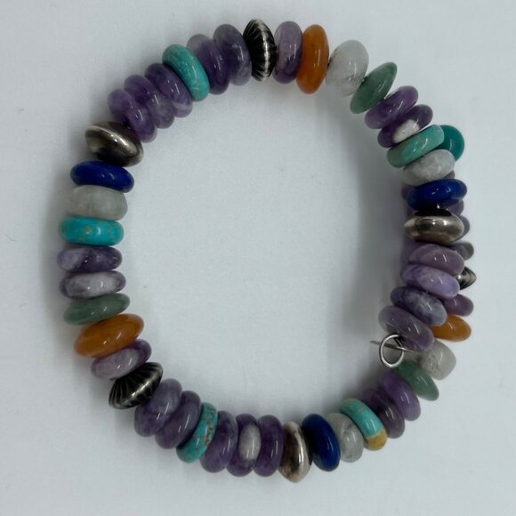 Carolyn Pollack Jewelry - Vintage Carolyn Pollack Sterling Silver Multi Gemstone Memory Wire Bracelet 90s